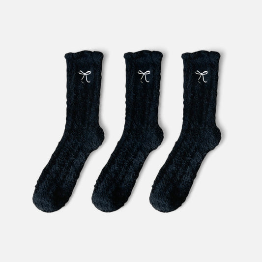 Anna-Kaci Women's 3-Pack Fuzzy Crew Socks with Embroidered Bow Detail and Soft Plush Texture