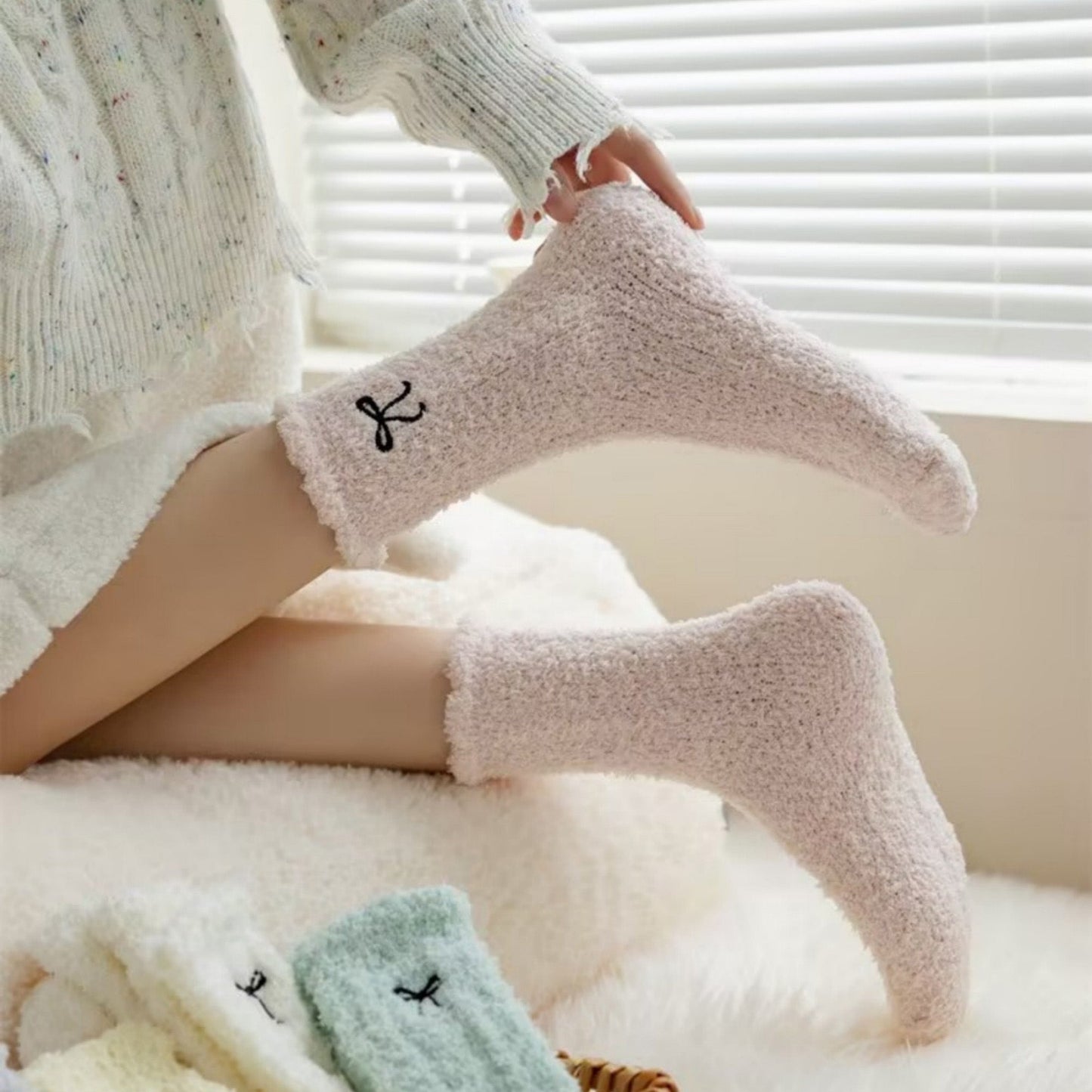 Anna-Kaci Women's 3-Pack Fuzzy Crew Socks with Embroidered Bow Detail and Soft Plush Texture