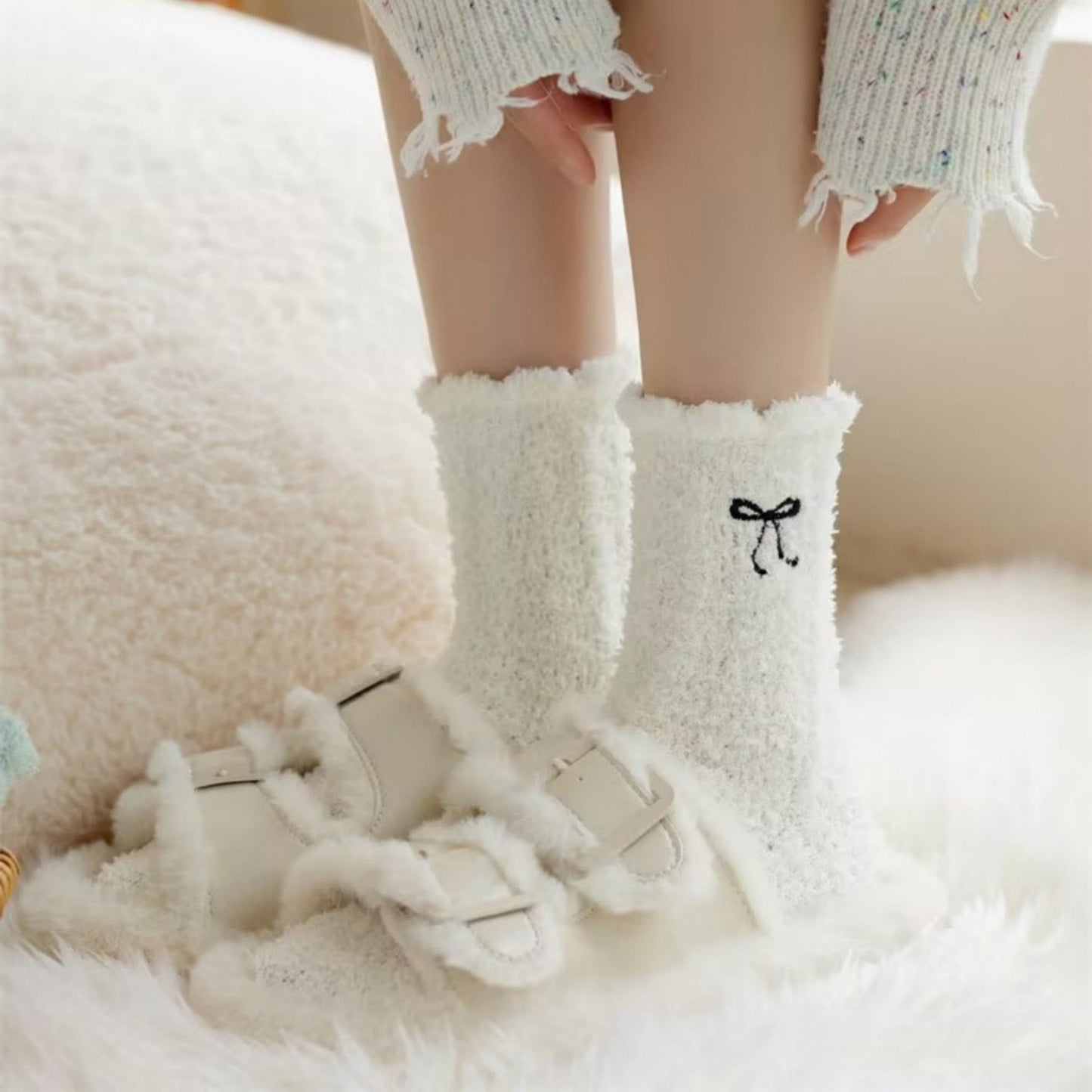 Anna-Kaci Women's 3-Pack Fuzzy Crew Socks with Embroidered Bow Detail and Soft Plush Texture
