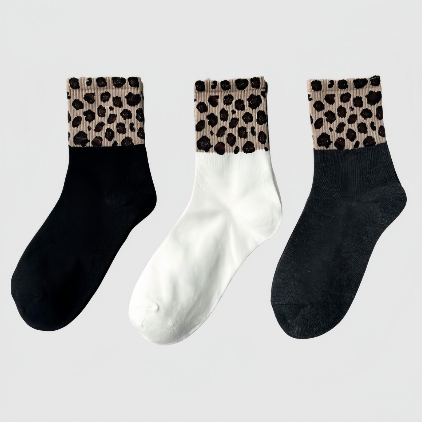 Anna-Kaci Women's 3-Pack Crew Socks with Ribbed Leopard Print Cuffs and Soft Stretch Knit Design
