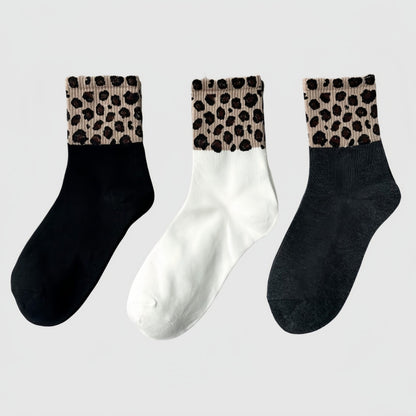 Anna-Kaci Women's 3-Pack Crew Socks with Ribbed Leopard Print Cuffs and Soft Stretch Knit Design