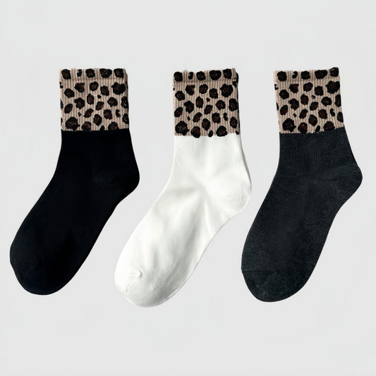 Anna-Kaci Women's 3-Pack Crew Socks with Ribbed Leopard Print Cuffs and Soft Stretch Knit Design