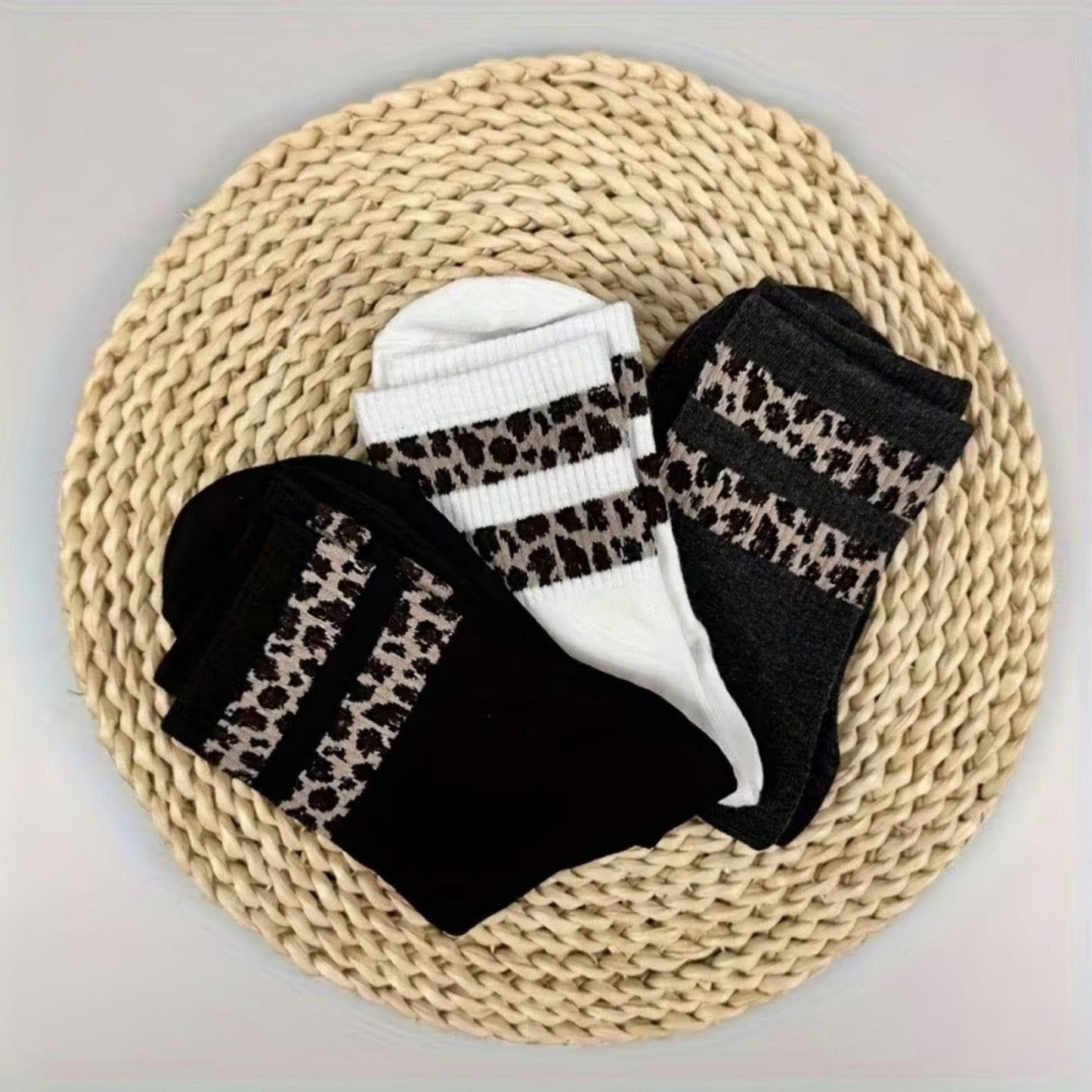 Anna-Kaci Women's 3-Pack Crew Socks with Ribbed Leopard Print Cuffs and Soft Stretch Knit Design