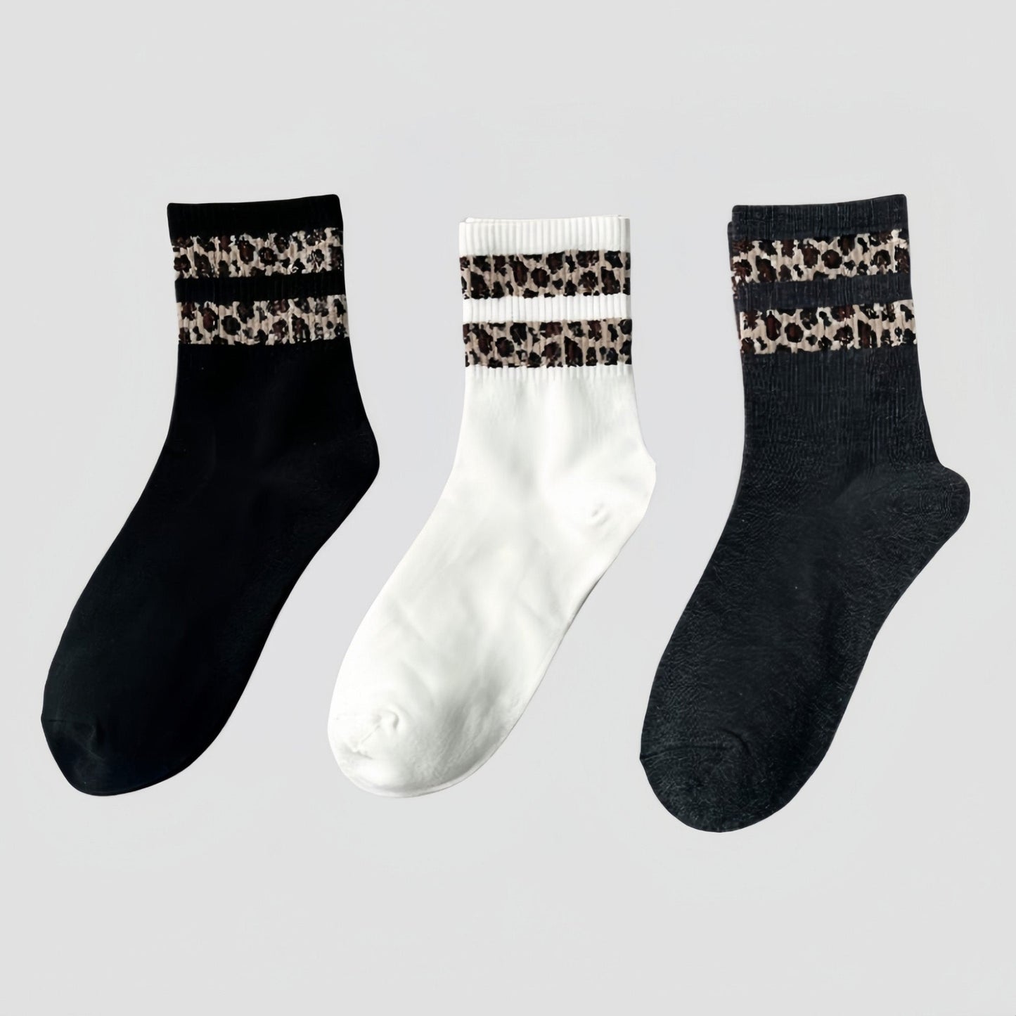 Anna-Kaci Women's 3-Pack Crew Socks with Ribbed Leopard Print Cuffs and Soft Stretch Knit Design