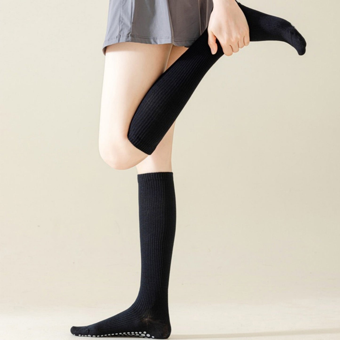 Anna-Kaci Women's 2-Pack Long Ribbed Non-Slip Socks with Grip Soles for Indoor Comfort and Support