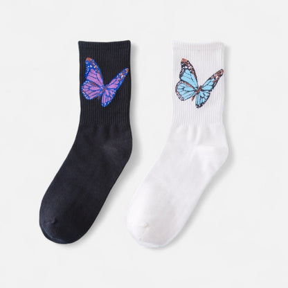 Anna-Kaci Women's 2-Pack Butterfly Graphic Crew Socks Soft Knit Ribbed Cuff Stylish Casual Sock Set
