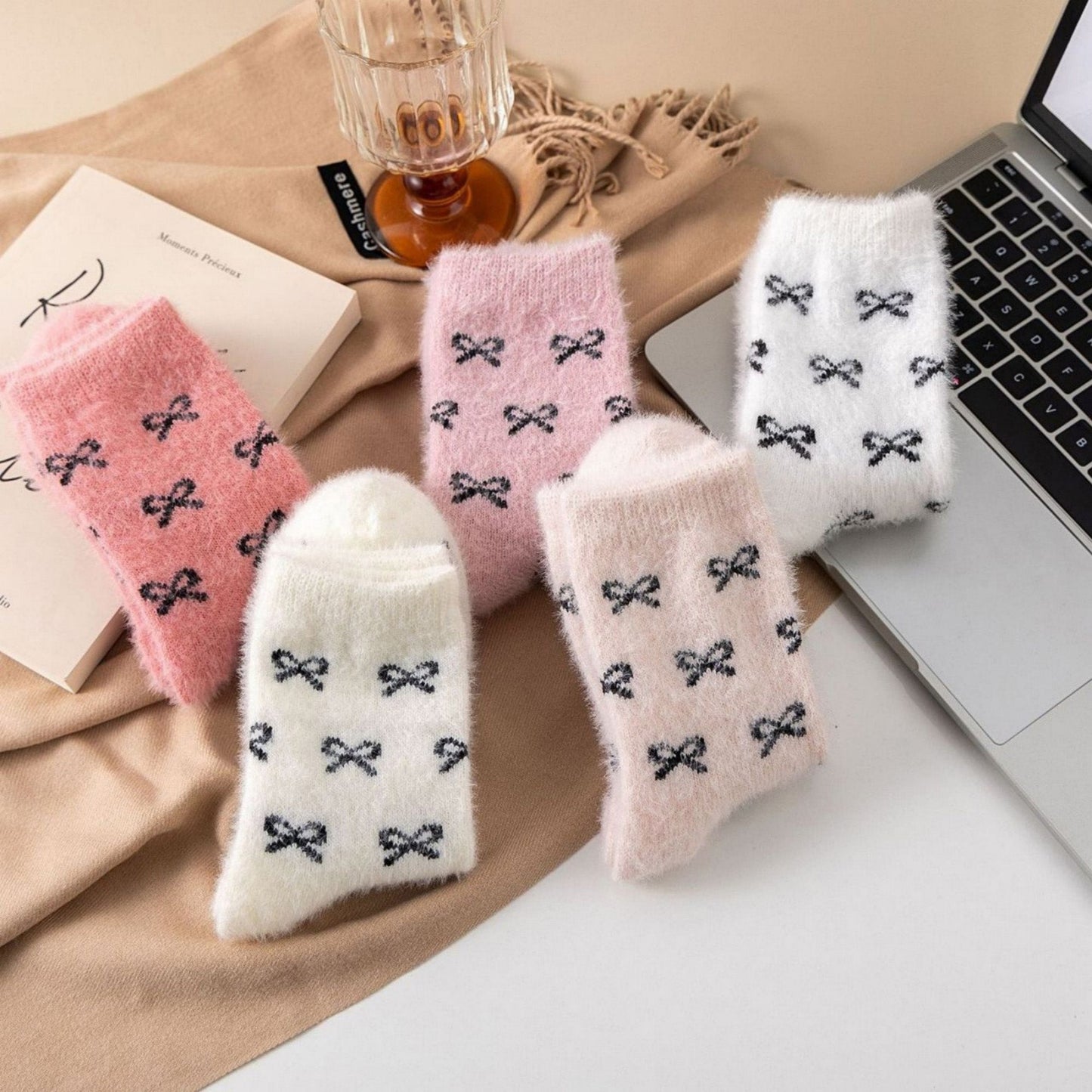 Anna-Kaci Women's 3-Pack Fuzzy Crew Socks with Allover Bow Pattern Soft Cozy Knit Winter Sock Set