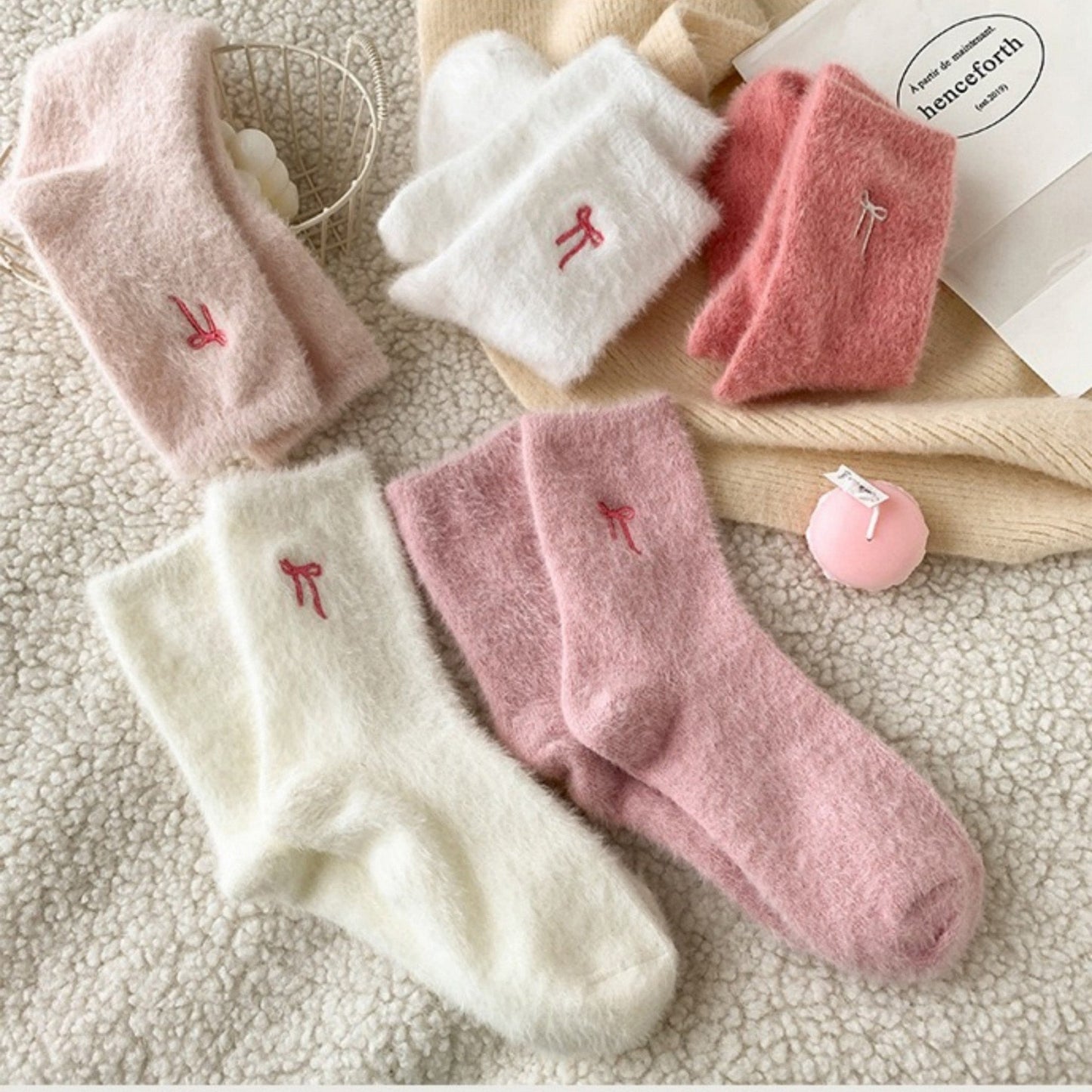 Anna-Kaci Women's 3-Pack Fuzzy Crew Socks with Embroidered Bow Detail Soft Cozy Lounge Sock Set