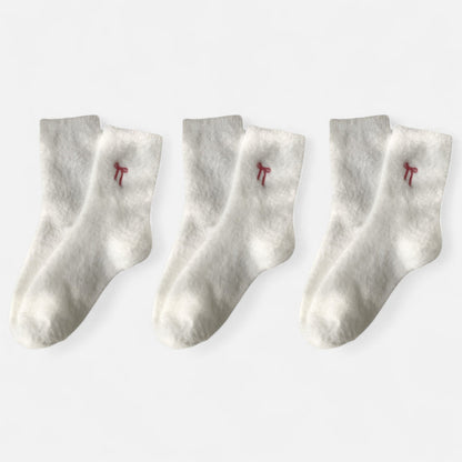 Anna-Kaci Women's 3-Pack Fuzzy Crew Socks with Embroidered Bow Detail Soft Cozy Lounge Sock Set