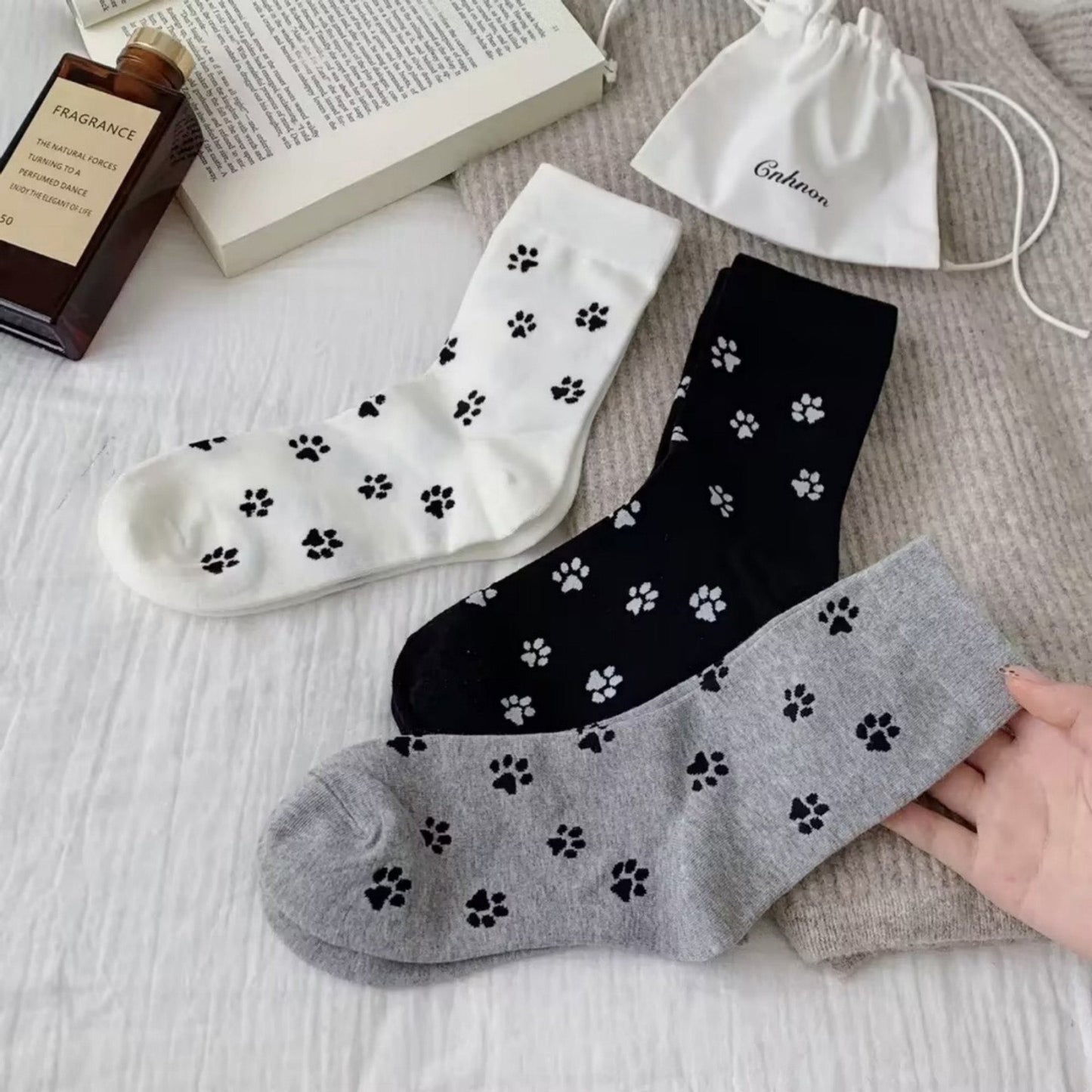 Anna-Kaci Women's 3-Pack Crew Socks with Allover Paw Print Pattern Soft Stretch Casual Sock Set