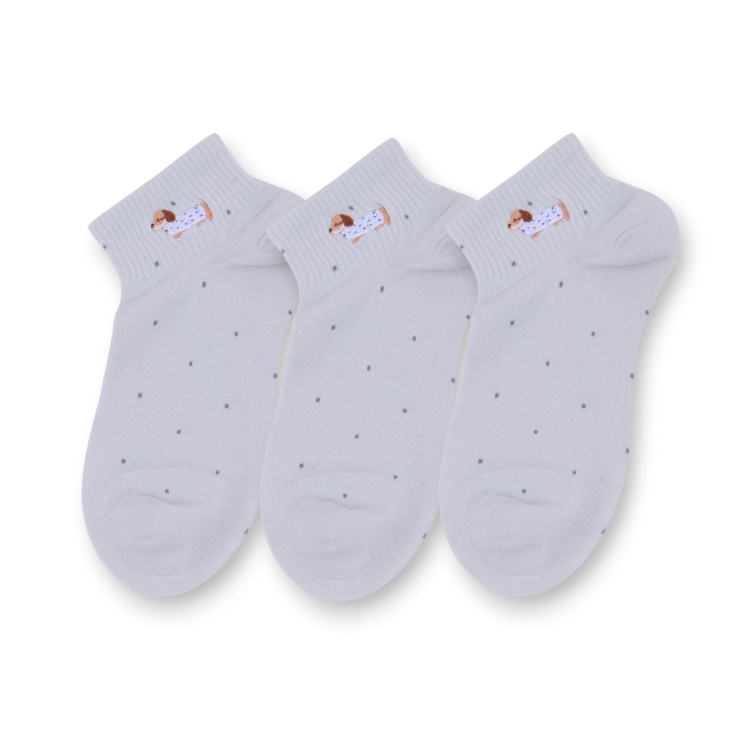 Anna-Kaci 3-Pack Women's Cotton Ankle Socks with Embroidered Dog and Dotted Knit Pattern
