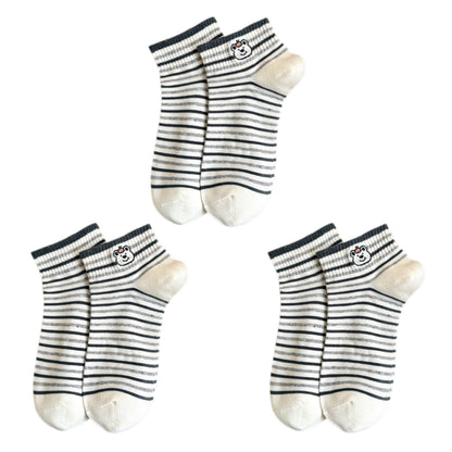 Anna-Kaci 3-Pack Women's Cartoon Embroidered Cotton Ankle Socks with Stripes and Color Speckle Design