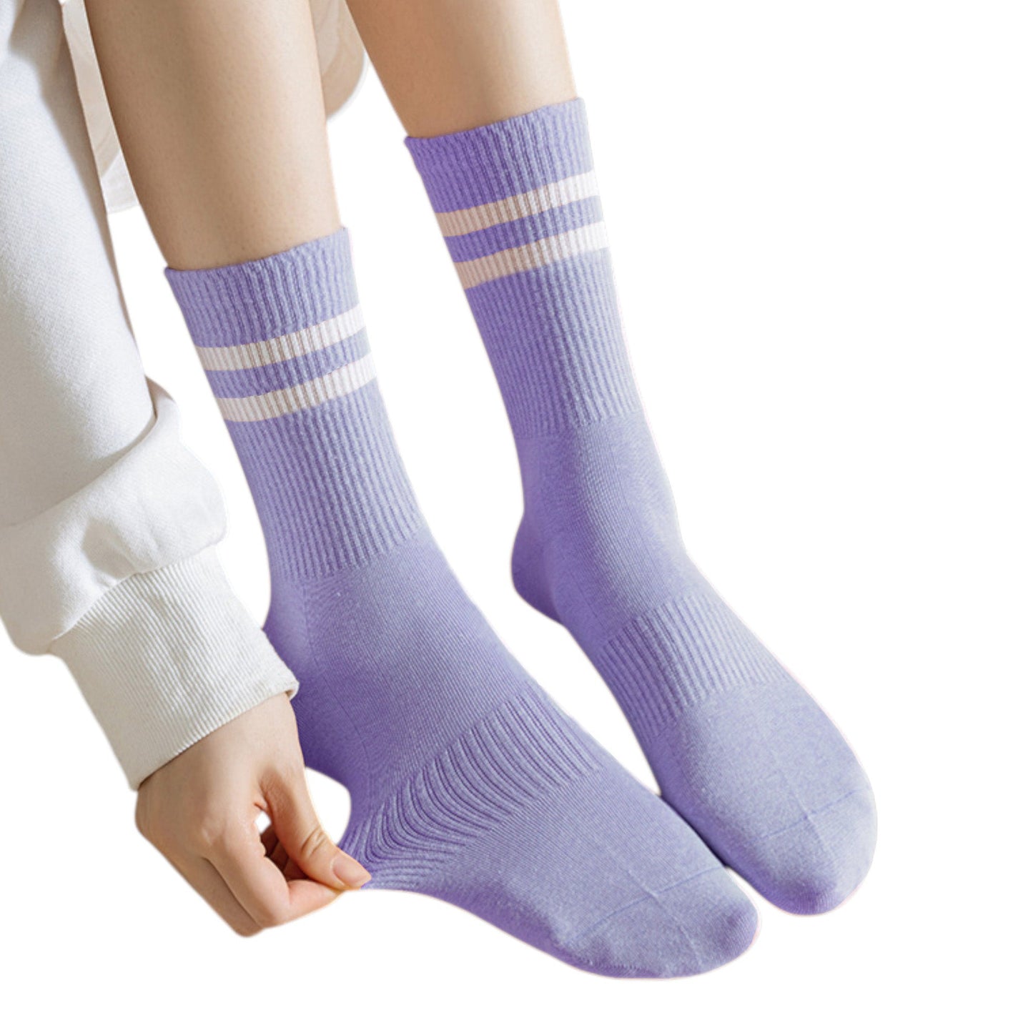 Anna-Kaci 3-Pack Women's Cotton Crew Socks with Sporty Double Stripe Design in Assorted Colors