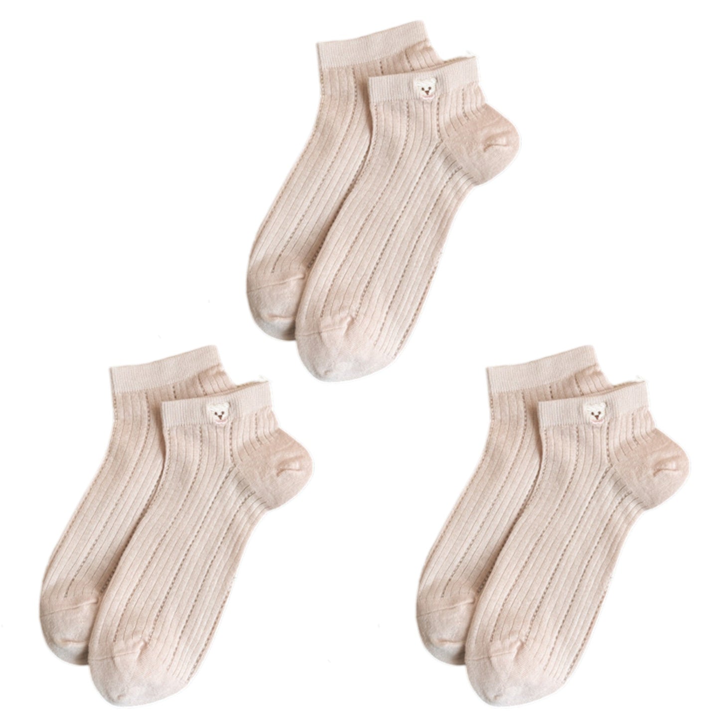 Anna-Kaci 3-Pack Women's Ribbed Cotton Ankle Socks with Embroidered Bear and Moisture-Wicking Comfort