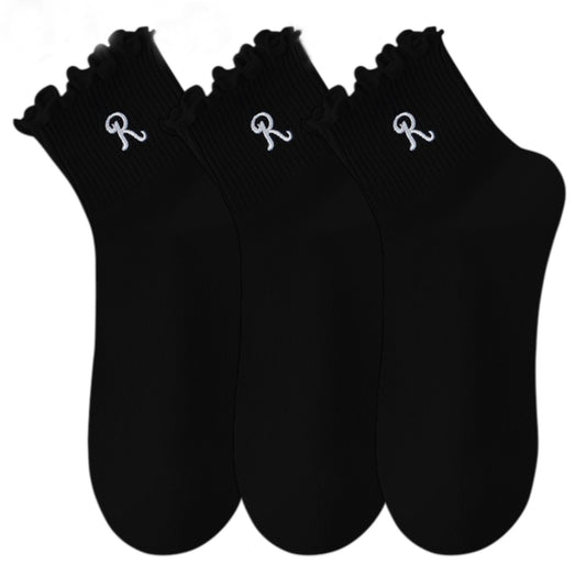 Anna-Kaci 3-Pack Women's Crew Socks with Ruffle Lettuce Edge Trim and Delicate Embroidered Detail