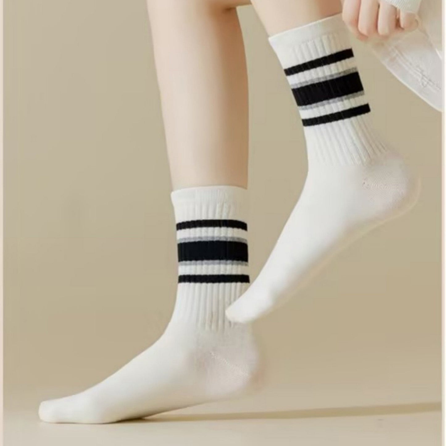 Anna-Kaci Women's 5-Pack Crew Socks Set with Ribbed Knit Texture and Classic Double Stripe Design