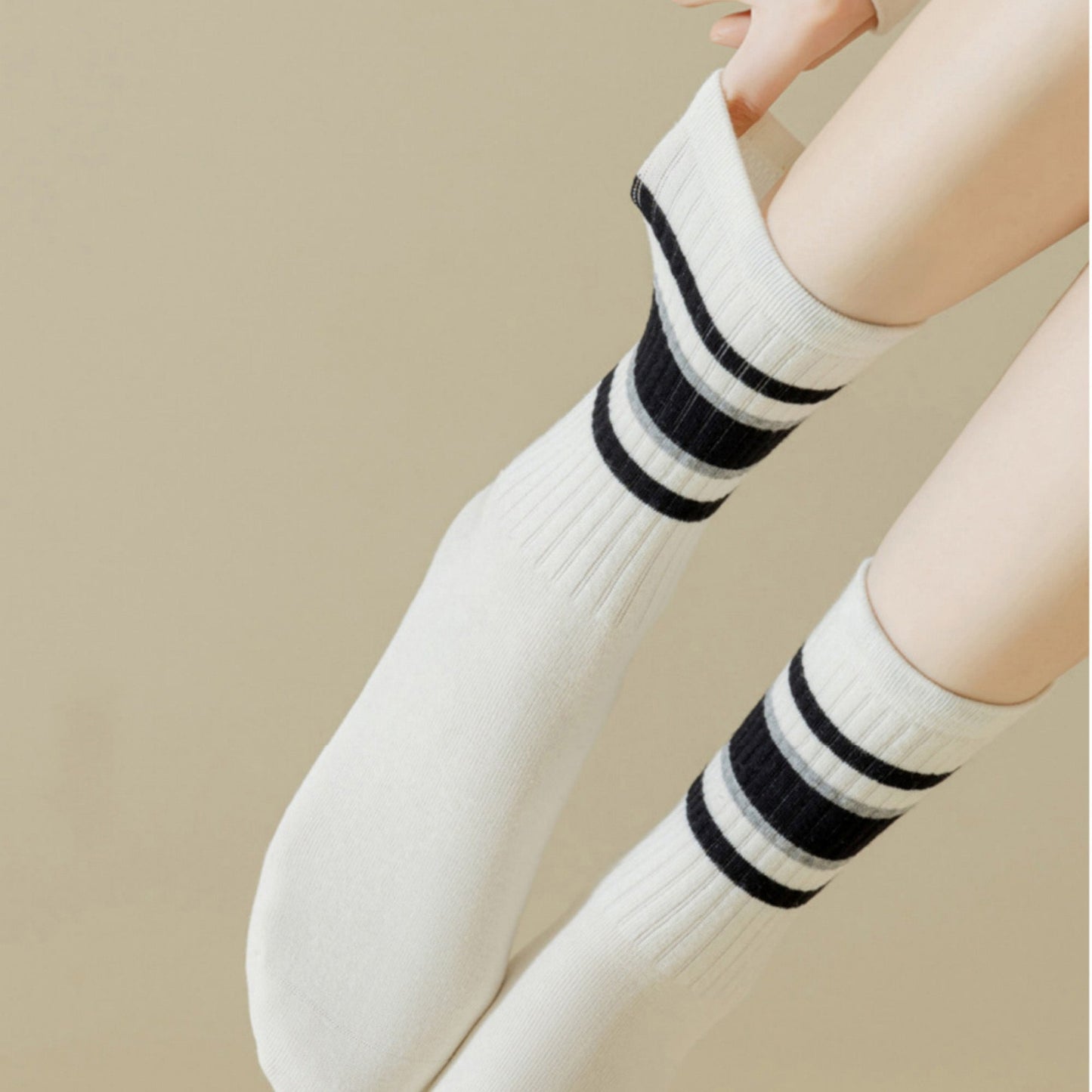 Anna-Kaci Women's 5-Pack Crew Socks Set with Ribbed Knit Texture and Classic Double Stripe Design