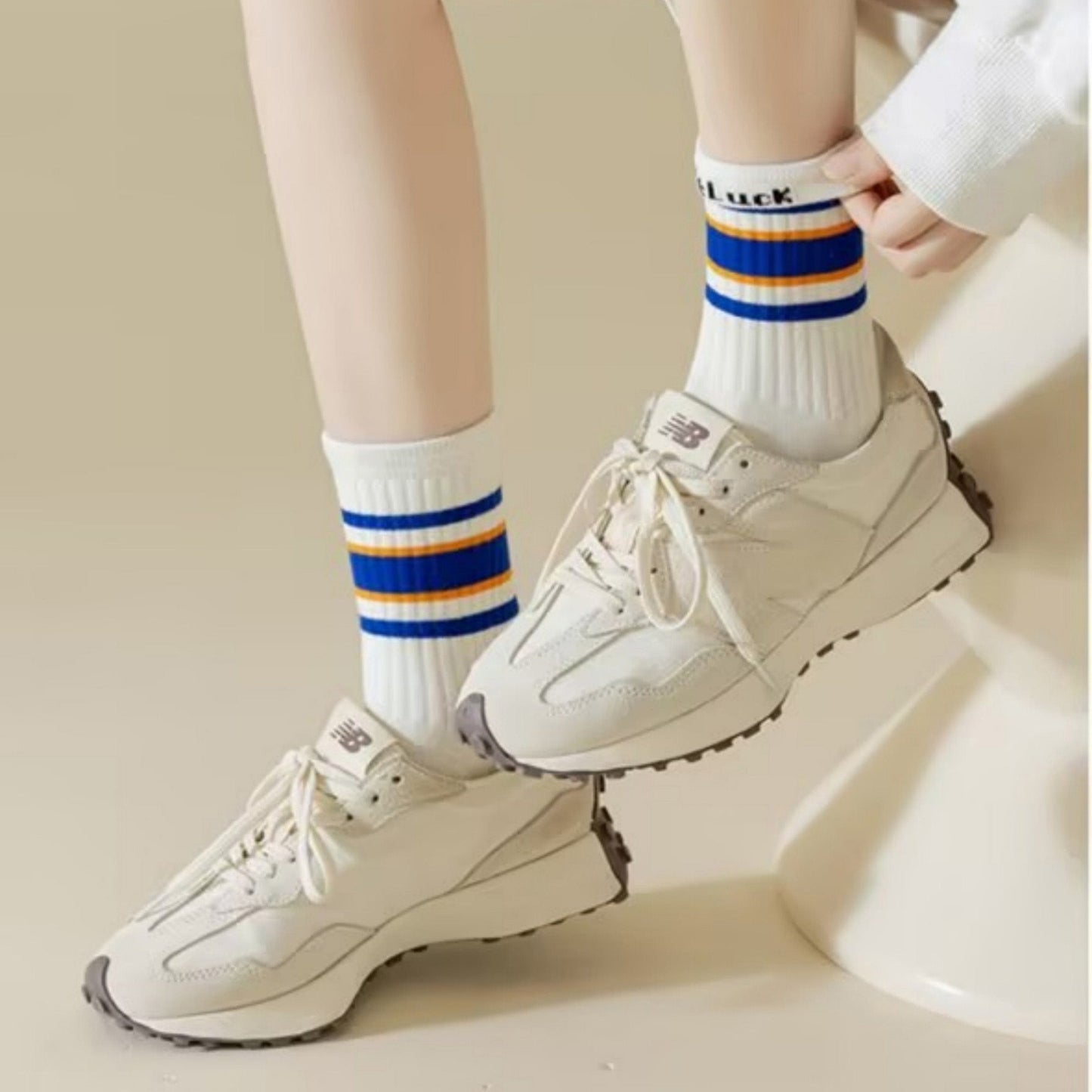 Anna-Kaci Women's 5-Pack Crew Socks Set with Ribbed Knit Texture and Classic Double Stripe Design