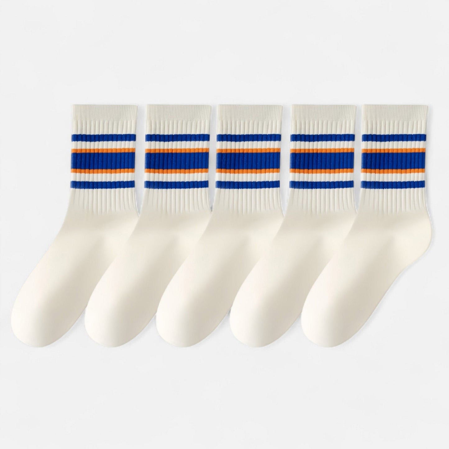 Anna-Kaci Women's 5-Pack Crew Socks Set with Ribbed Knit Texture and Classic Double Stripe Design