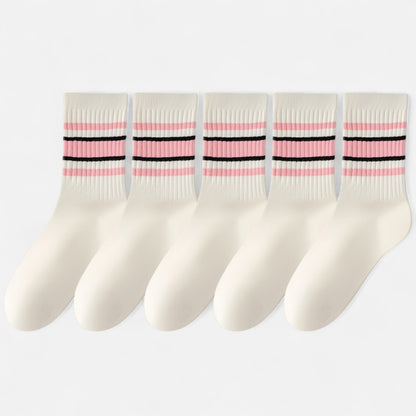 Anna-Kaci Women's 5-Pack Crew Socks Set with Ribbed Knit Texture and Classic Double Stripe Design
