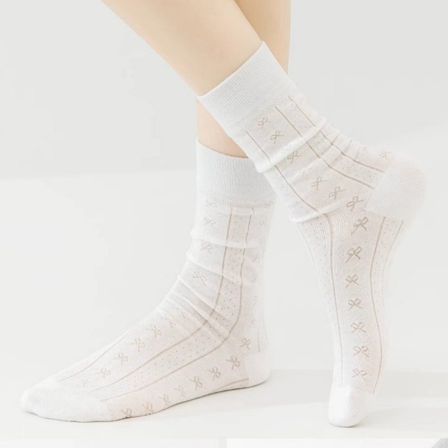 Anna-Kaci Women's 3-Pair Ribbed Crew Socks with Embroidered Bow Knit Texture in Neutral Shades for Everyday Wear