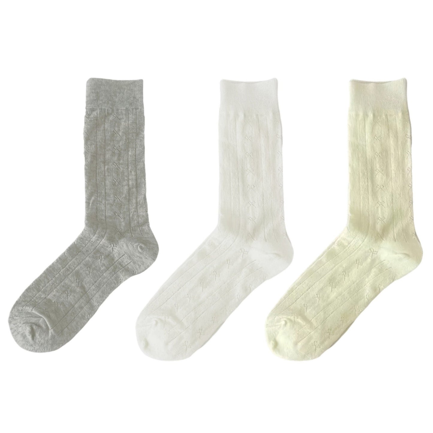 Anna-Kaci Women's 3-Pair Ribbed Crew Socks with Embroidered Bow Knit Texture in Neutral Shades for Everyday Wear