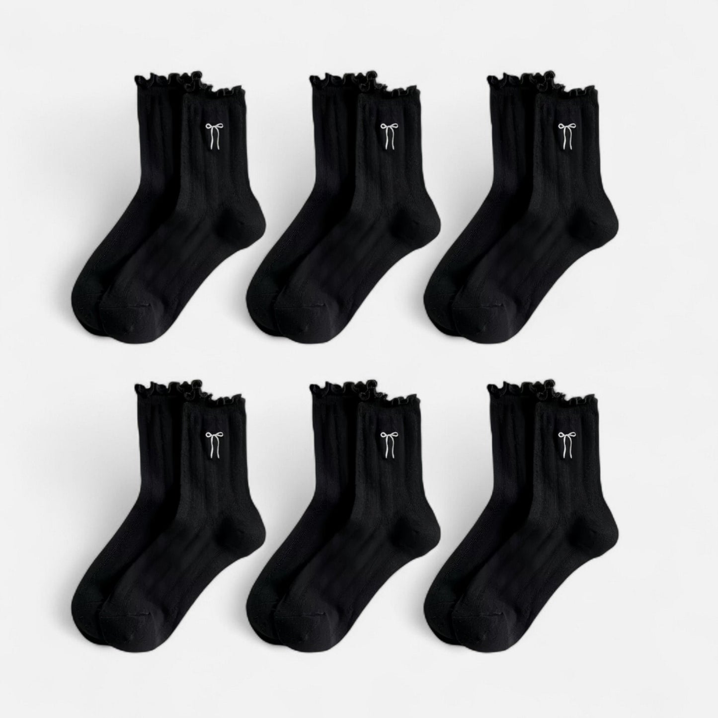 Anna-Kaci Women's 6-Pack Ruffle Trim Crew Socks with Ribbed Texture and Delicate Bow Accent