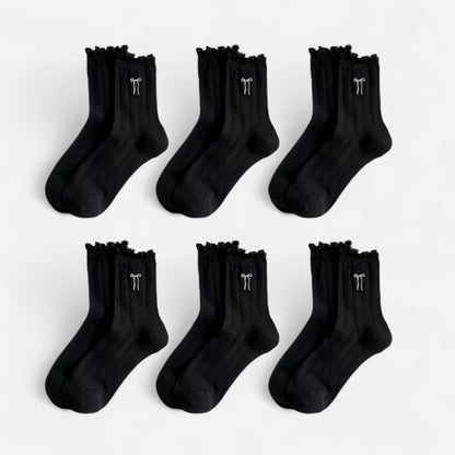 Anna-Kaci Women's 6-Pack Ruffle Trim Crew Socks with Ribbed Texture and Delicate Bow Accent