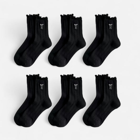 Anna-Kaci Women's 6-Pack Ruffle Trim Crew Socks with Ribbed Texture and Delicate Bow Accent