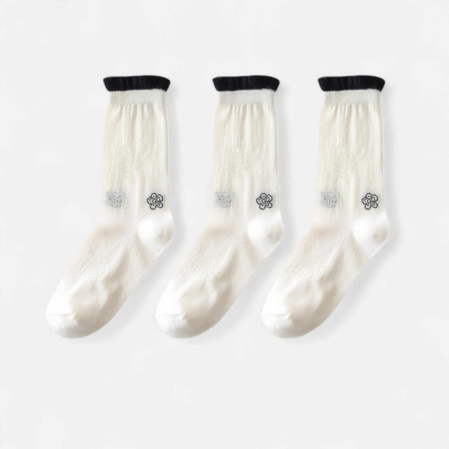 Anna-Kaci Women's 3-Pack Sheer Floral Embroidered Socks with Contrast Ruffle Cuff and Delicate Flower Accents