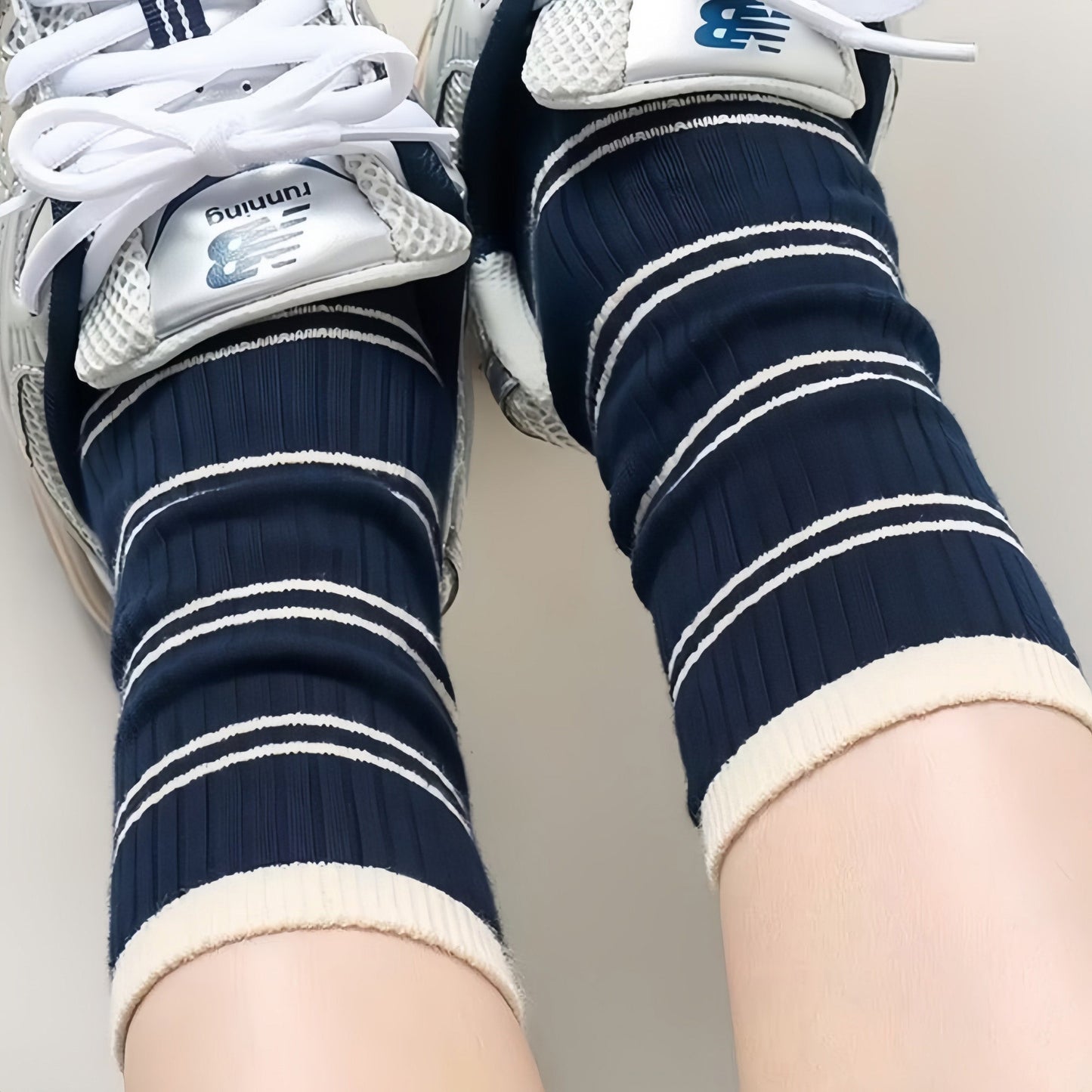 Anna-Kaci Women's Minimalist Stripe Crew Socks 3-Pack Ribbed and Patterned Design in Neutral Tones