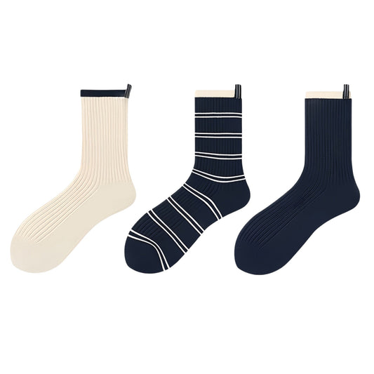 Anna-Kaci Women's Minimalist Stripe Crew Socks 3-Pack Ribbed and Patterned Design in Neutral Tones