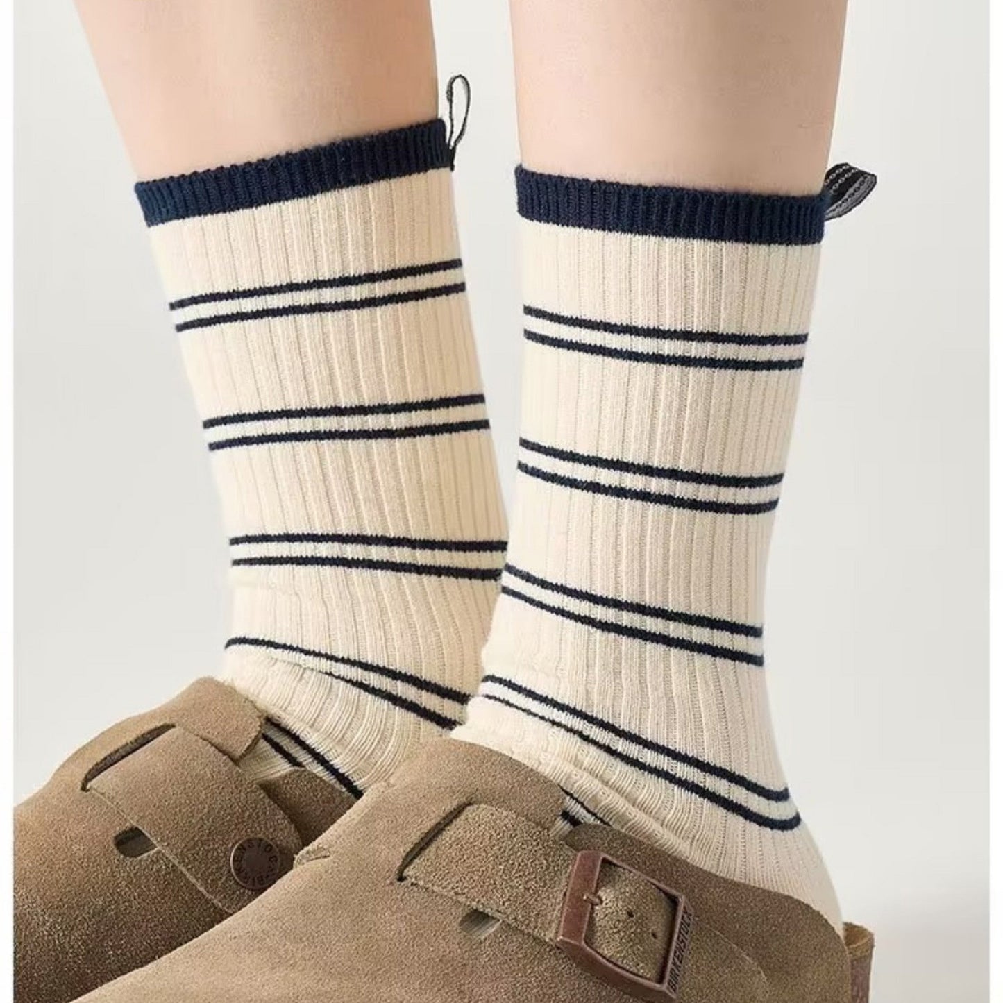 Anna-Kaci Women's Minimalist Stripe Crew Socks 3-Pack Ribbed and Patterned Design in Neutral Tones