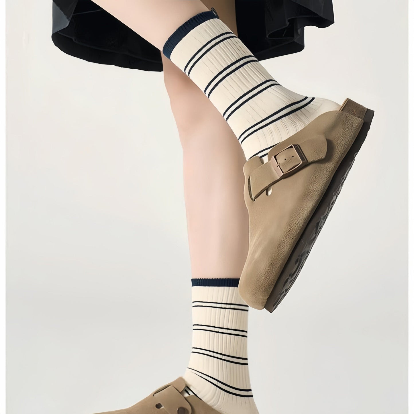 Anna-Kaci Women's Minimalist Stripe Crew Socks 3-Pack Ribbed and Patterned Design in Neutral Tones