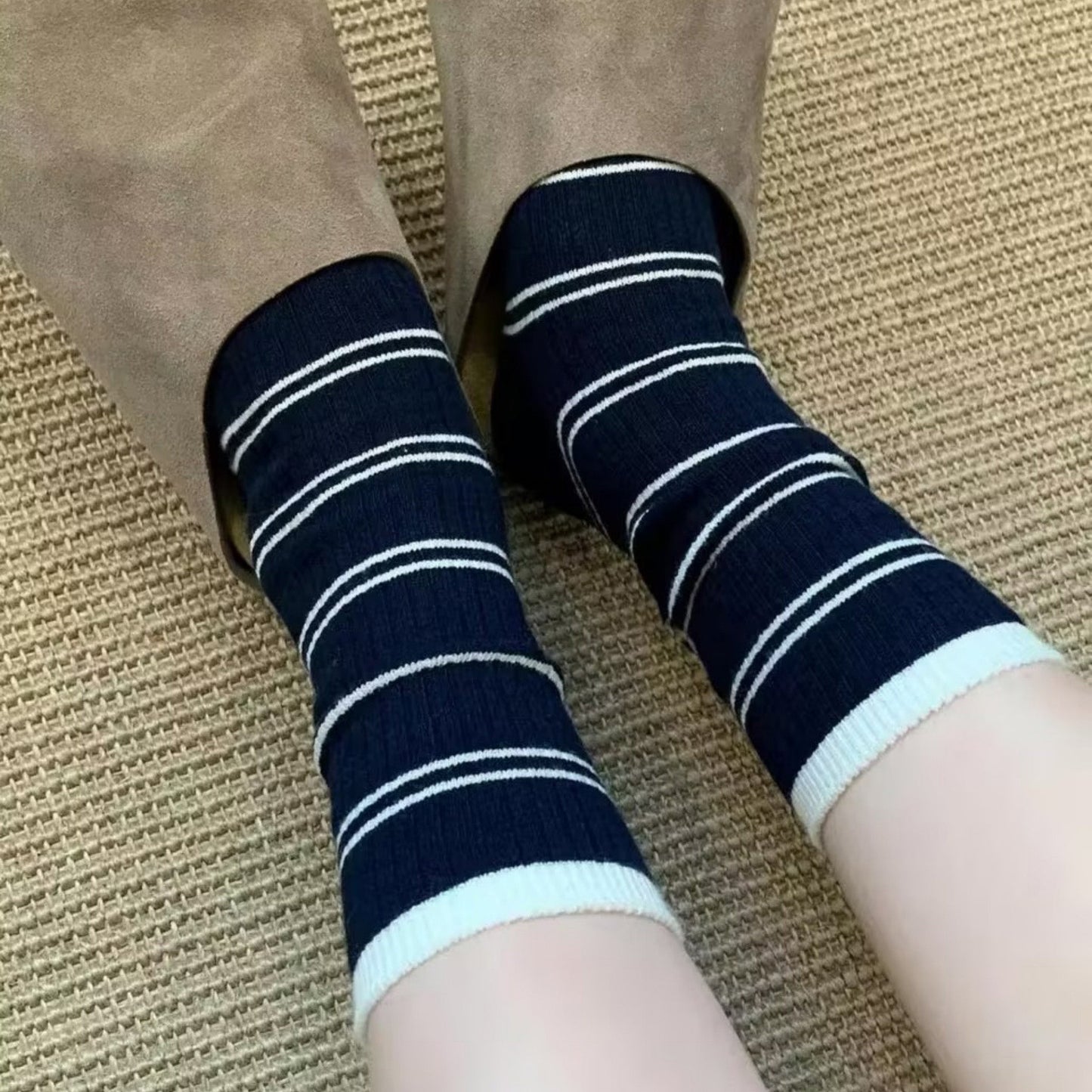 Anna-Kaci Women's Minimalist Stripe Crew Socks 3-Pack Ribbed and Patterned Design in Neutral Tones