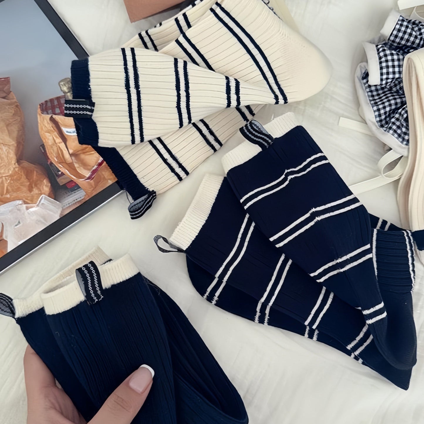 Anna-Kaci Women's Minimalist Stripe Crew Socks 3-Pack Ribbed and Patterned Design in Neutral Tones