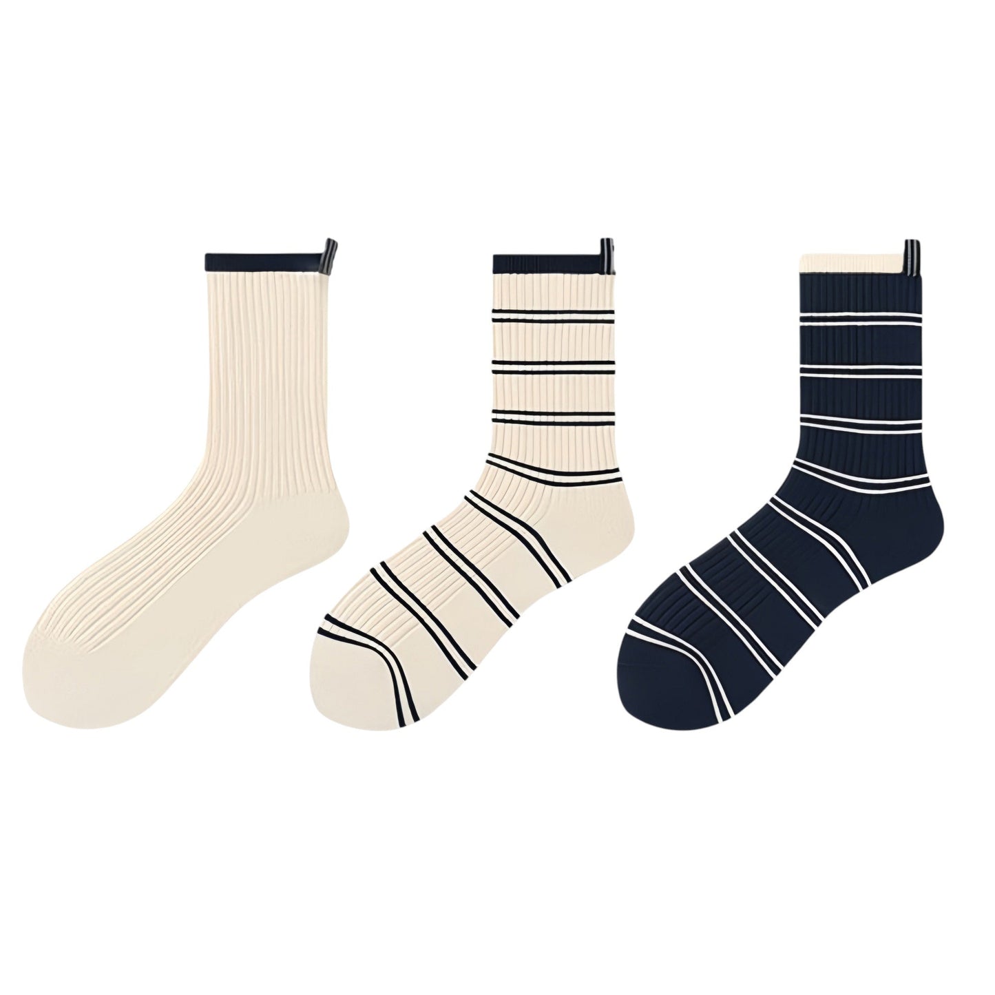 Anna-Kaci Women's Minimalist Stripe Crew Socks 3-Pack Ribbed and Patterned Design in Neutral Tones
