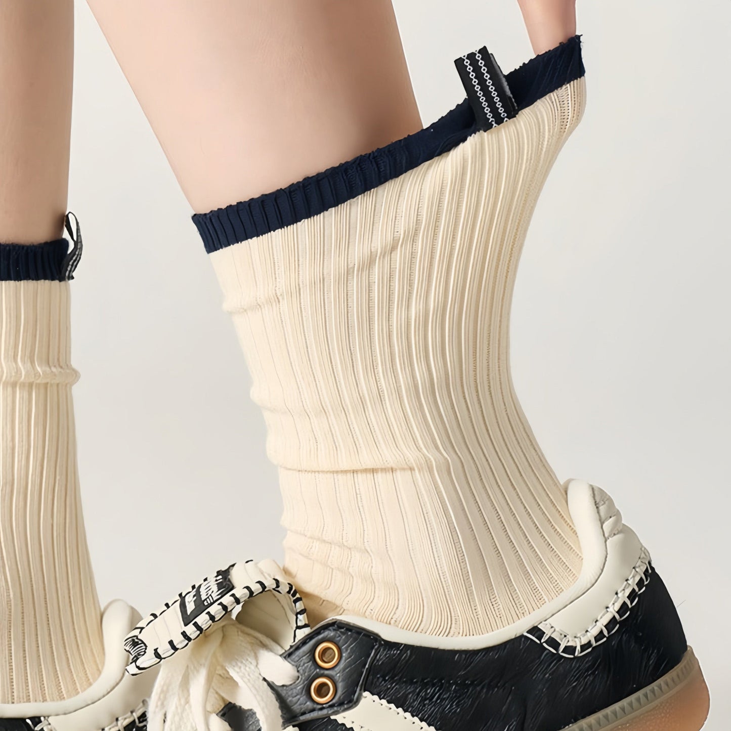 Anna-Kaci Women's Minimalist Stripe Crew Socks 3-Pack Ribbed and Patterned Design in Neutral Tones