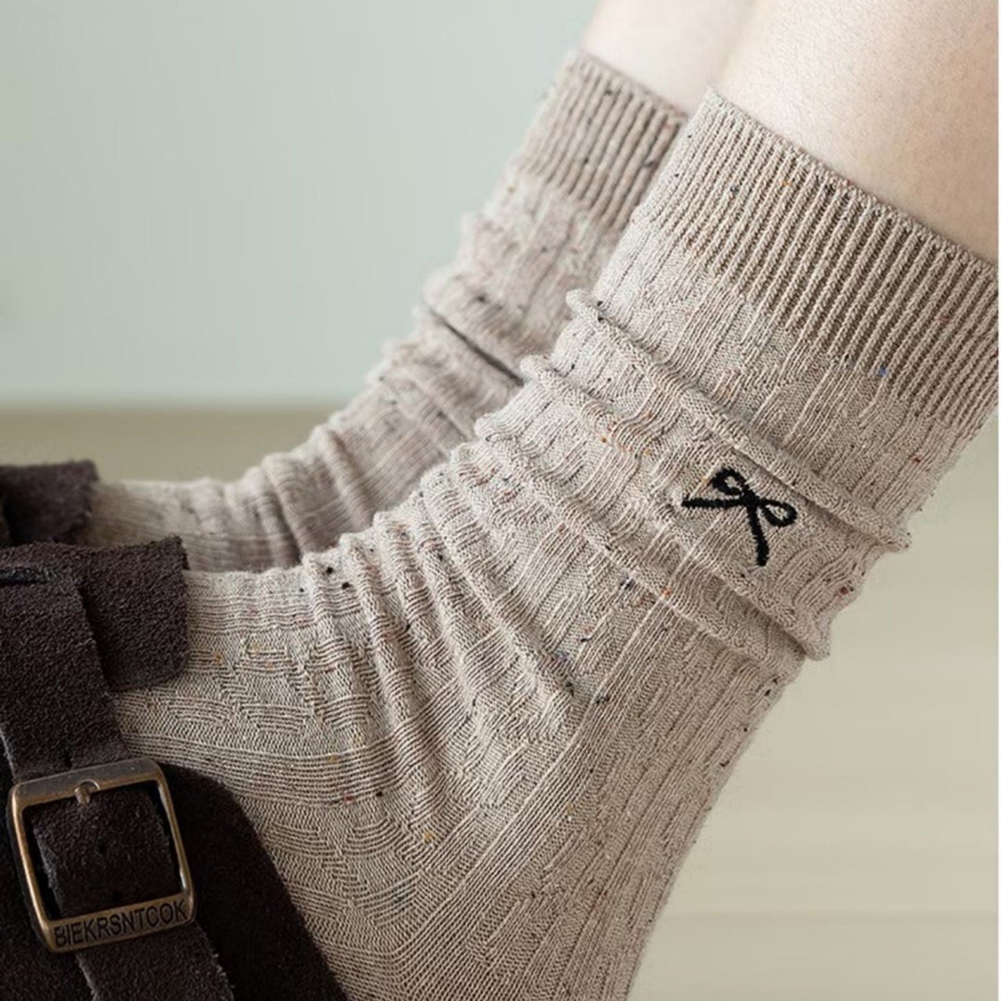 Anna-Kaci Women's 3-Pack Ribbed Crew Socks with Subtle Flecked Texture and Mini Embroidered Bow Accent