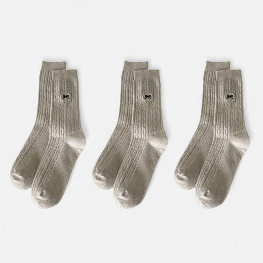 Anna-Kaci Women's 3-Pack Ribbed Crew Socks with Subtle Flecked Texture and Mini Embroidered Bow Accent