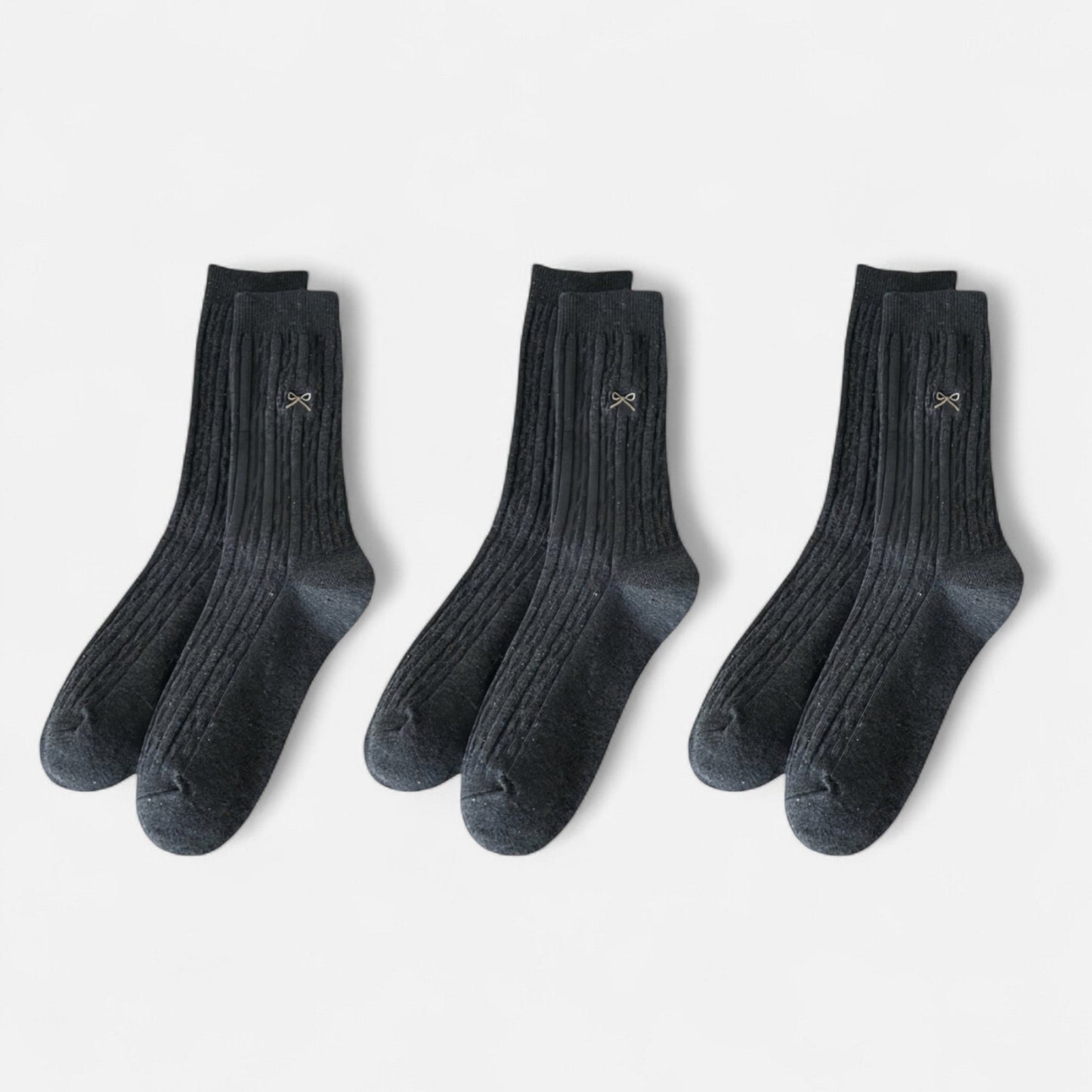 Anna-Kaci Women's 3-Pack Ribbed Crew Socks with Subtle Flecked Texture and Mini Embroidered Bow Accent