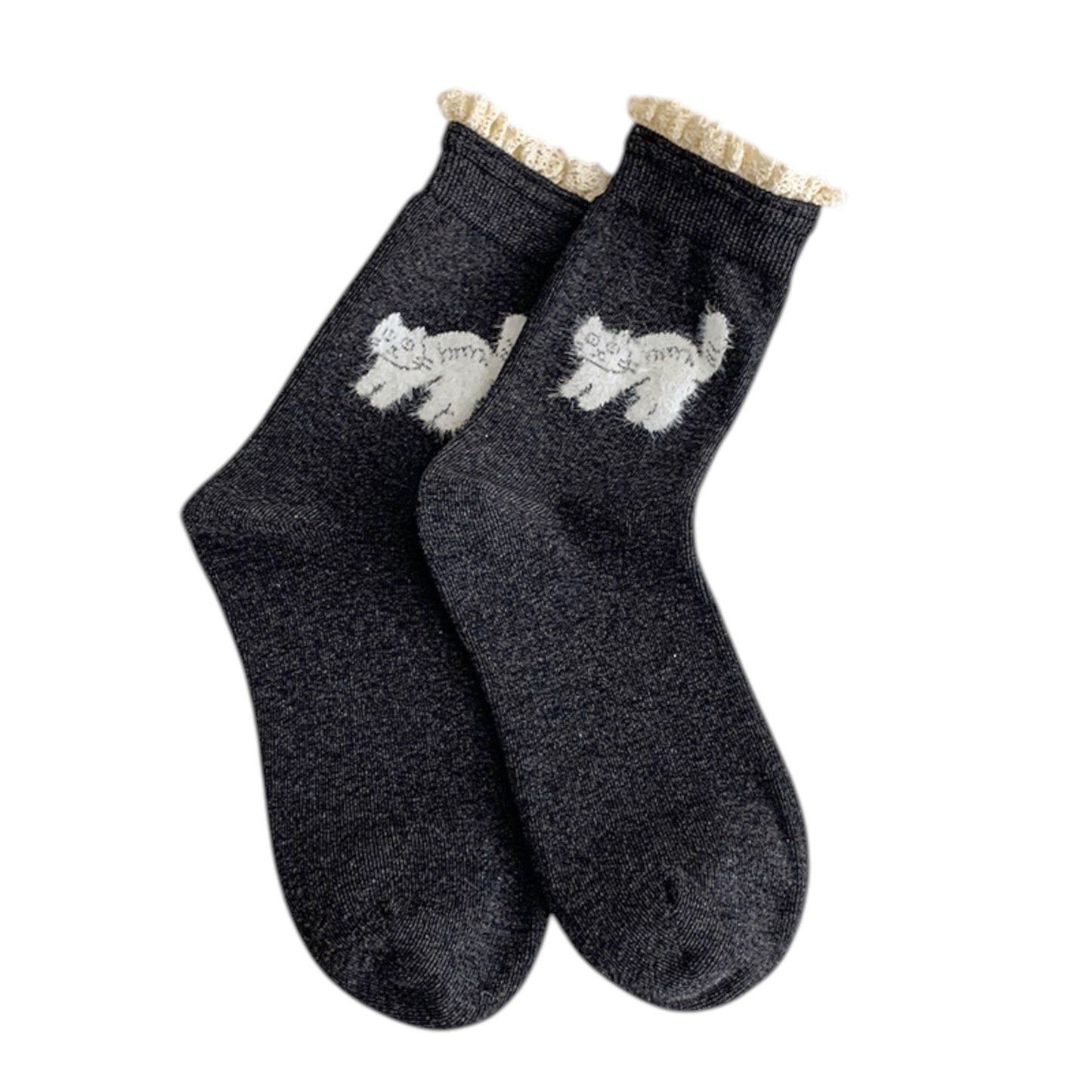 Anna-Kaci 3-Pack Women's Cotton Crew Socks with Embroidered Cat and Lace Trim Cuff