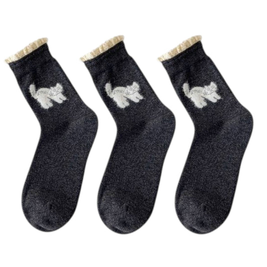 Anna-Kaci 3-Pack Women's Cotton Crew Socks with Embroidered Cat and Lace Trim Cuff