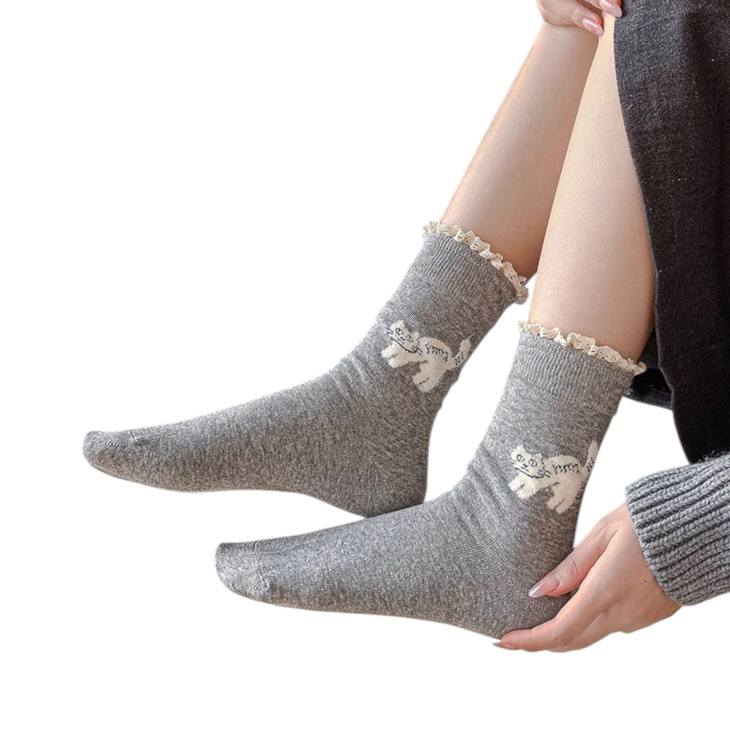 Anna-Kaci 3-Pack Women's Cotton Crew Socks with Embroidered Cat and Lace Trim Cuff