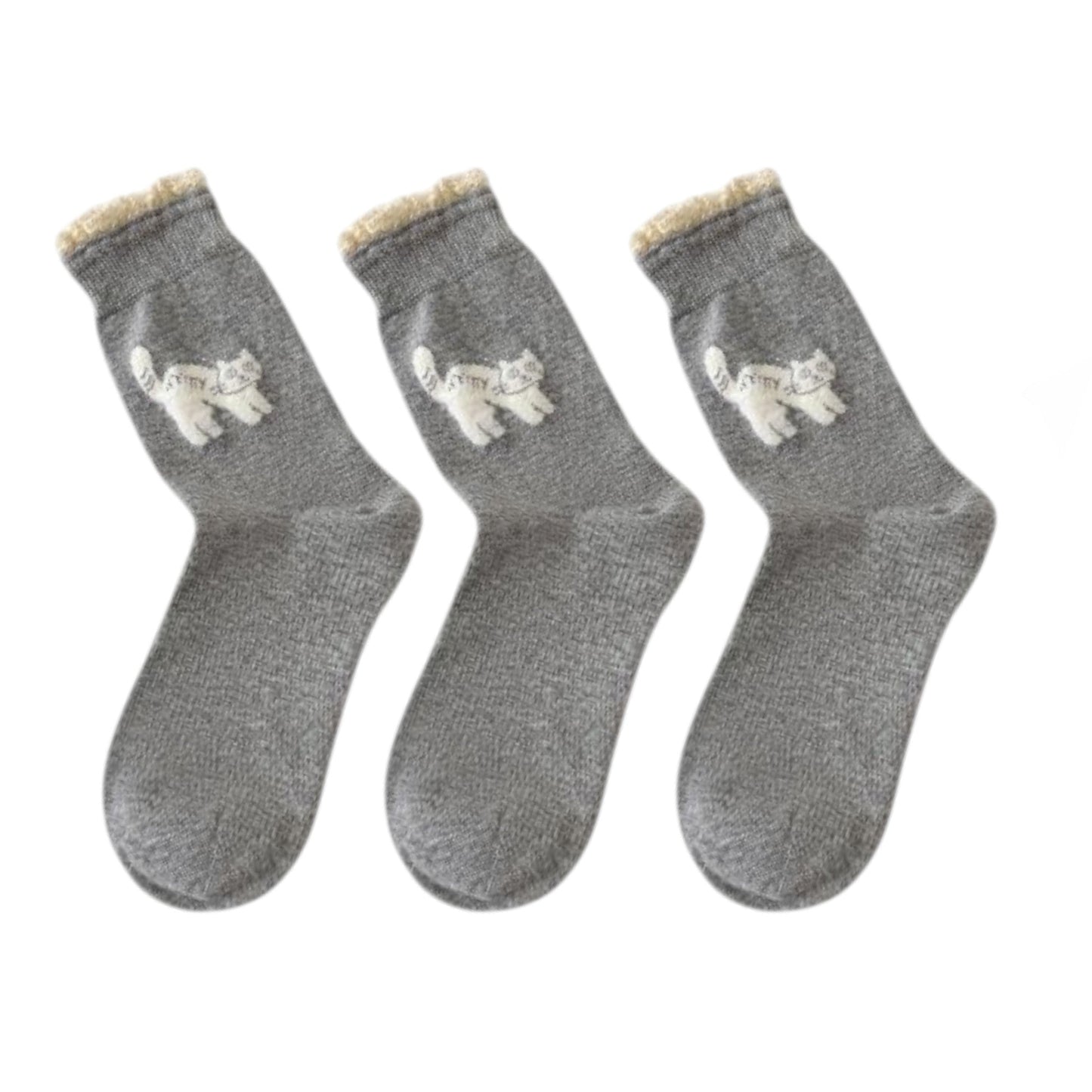 Anna-Kaci 3-Pack Women's Cotton Crew Socks with Embroidered Cat and Lace Trim Cuff