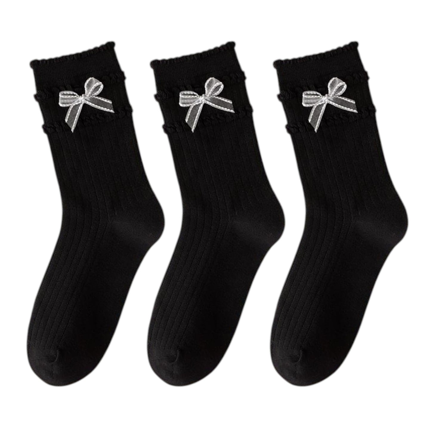 Anna-Kaci 3-Pack Women's Cotton Crew Socks with Ribbed Knit, Satin Bow Accen