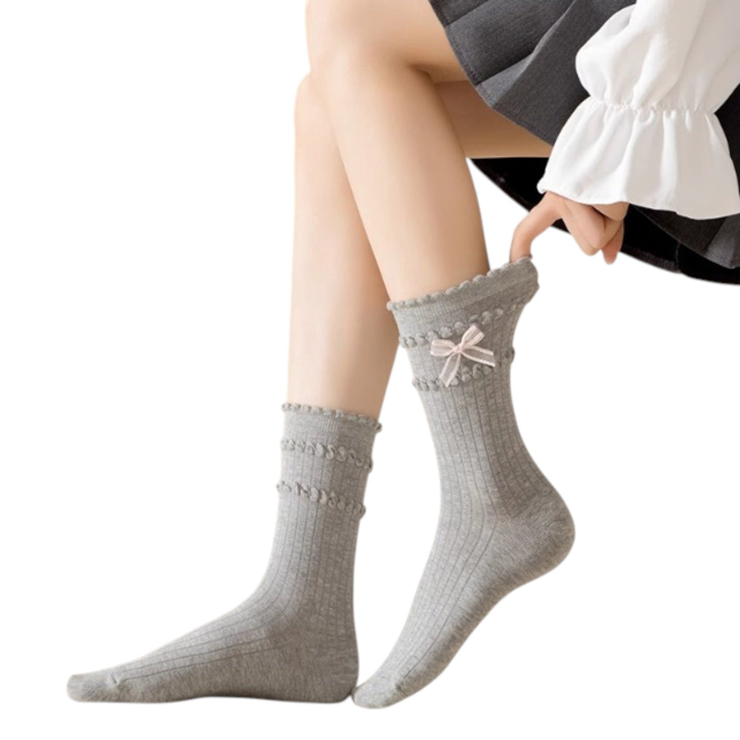 Anna-Kaci 3-Pack Women's Cotton Crew Socks with Ribbed Knit, Satin Bow Accen