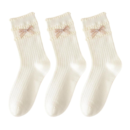 Anna-Kaci 3-Pack Women's Cotton Crew Socks with Ribbed Knit, Satin Bow Accen
