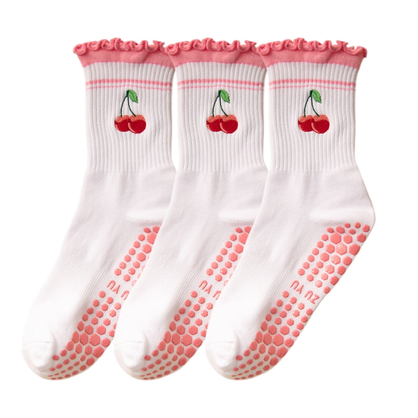 Anna-Kaci Women's 3-Pack Cotton Crew Socks with Non-Slip Grip and Embroidered Fruit and Animal Designs