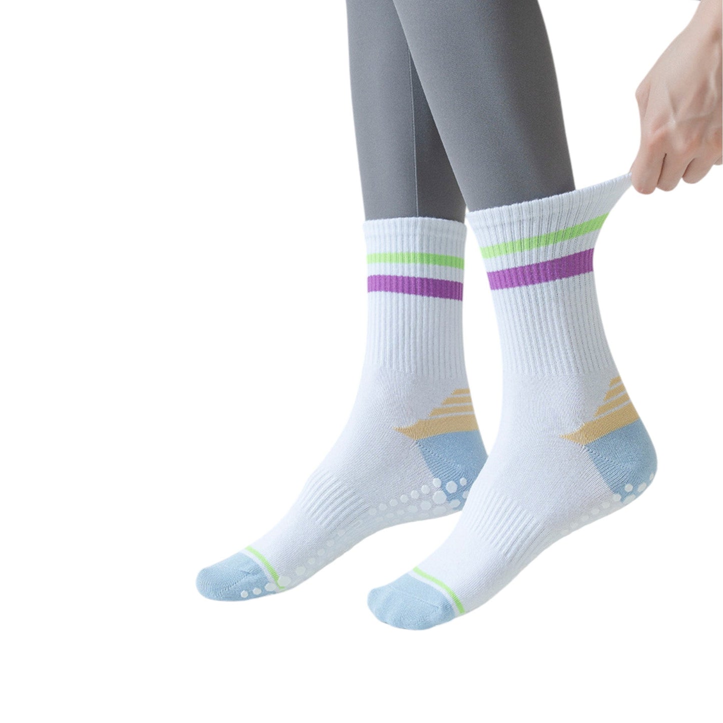 Anna-Kaci 3-Pack Women's Cotton Crew Socks with Color Block Toes Striped Cuffs and Non-Slip Grip Soles